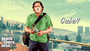 GTA V角色手持現金，帶有「GabeN」和「#PCMasterRace」文字。