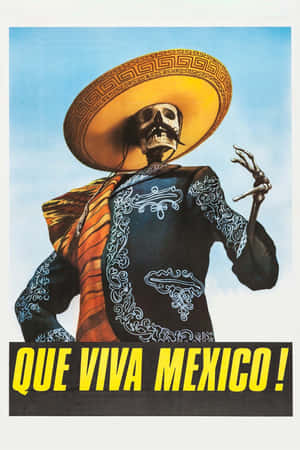 一個穿著節日墨西哥服裝的骷髏在藍天下揮手，並有「Que Viva Mexico!」文字。