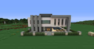 Minecraft遊戲世界中的現代方塊房屋，附帶游泳池。
