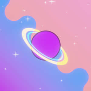 一顆發光的紫色行星，帶有彩色光環，在柔和的粉彩星空下。