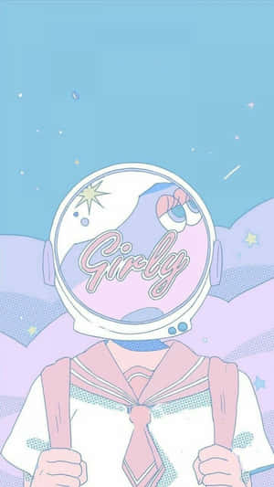動漫女孩穿著水手服，戴著標有girly的太空人頭盔，漂浮在星空中。 — 太空 壁紙