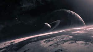 一顆環狀行星在繁星點點的天空下，從白雪皚皚的外星世界升起。