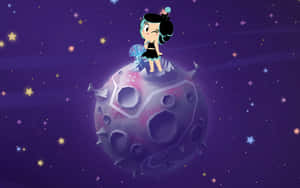 動漫女孩在尖刺月亮上，星空紫色天空