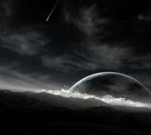 在繁星點點的夜空下，行星從山巒後升起，伴隨著流星。