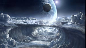 一顆行星和月亮懸浮在太空中旋轉的雲海之上。