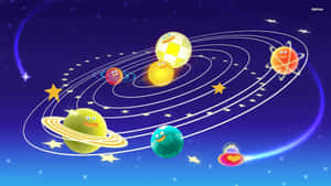 帶有臉孔的彩色卡通行星在俏皮的太空場景中繞著恆星運行。