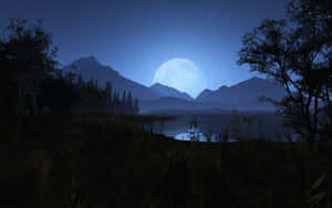 滿月在山巒和湖面上空升起，夜晚的剪影樹木。 — 夜晚 GIF 壁紙
