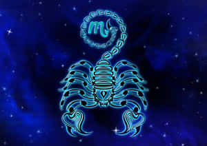 發光藍色天蠍座星座符號，背景是繁星點點的夜空。