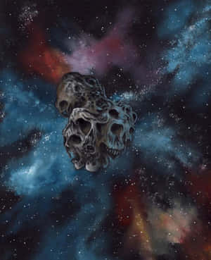 骷髏形狀的小行星漂浮在色彩繽紛的星空星雲中
