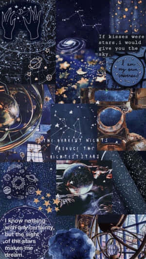 一個以天體為主題的拼貼，包含星星、星座和關於宇宙的詩意語錄。