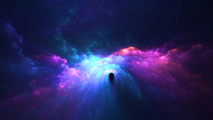 充滿活力的宇宙星雲隧道，散發著紫色、藍色和粉紅色的光芒，通向黑暗。