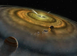 一個原行星盤，帶有小行星和一顆類似木星的行星在深空中。
