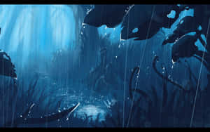 藍色調的叢林場景，大雨傾盆，水滴發光。
