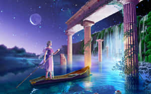 女子在星空下，在發光瀑布旁的古老廢墟附近划船。 — 奇幻 壁紙