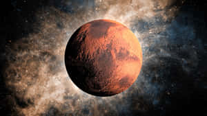 火星在太空中發光，背景是繁星點點的星雲