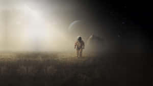 一位孤獨的太空人在星空下探索霧氣瀰漫的外星景觀。