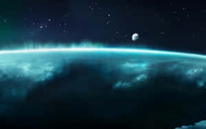 極光在行星的地平線上方發光，黑暗的天空中有星星和月亮。