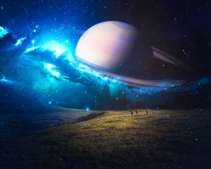 三個人仰望漂浮在星空田野上方的巨大土星。