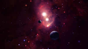 兩顆行星在充滿恆星的發光紅色星雲內繞著明亮的恆星運行。