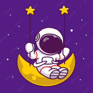 一個卡通太空人在紫色夜空中，在新月上於兩顆星星之間搖擺。