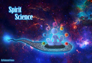 白色卡通人物在色彩繽紛的宇宙空間中的浮石上冥想，周圍有發光的脈輪。 — 科學 壁紙