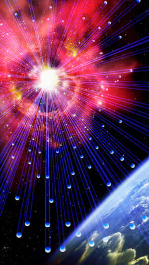 鮮豔的宇宙爆炸光束從地球彎曲地平線上方的明亮中心放射出來。