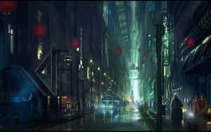 雨夜中一條未來風格的街道，紅色燈籠和霓虹燈閃爍。