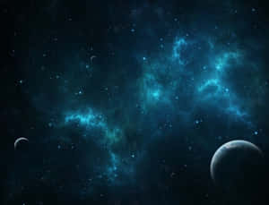 廣闊的藍色星雲和深空中的行星，伴隨著閃爍的星星。