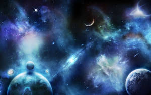 充滿活力的宇宙場景，發光的星雲和行星在深空中。