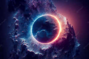 一個發光的環繞著一顆被多彩宇宙雲包圍的黑暗行星運行。