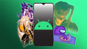 Android手機，周圍有動漫角色，綠色背景 — 安卓 壁紙