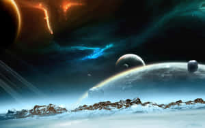白雪覆蓋的外星山脈，在色彩繽紛的宇宙天空下，有行星和星雲。