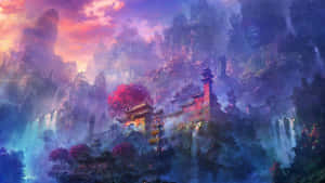 日落時分，雲霧繚繞的山巒中坐落著一座神秘的寺廟，周圍有發光的粉紅色樹木和瀑布。 — iMac 壁紙