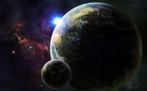 太空中的地球和月球，色彩繽紛的星雲和明亮的太陽爆發。