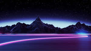 霓虹發光線條在星空下的數碼網格景觀中彎曲，有山脈。