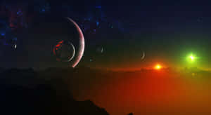 星空下的外星山脈，有發光的行星和充滿活力的日落。