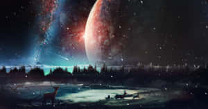 雪地森林中的鹿，上方是巨大的行星和發光的星雲。