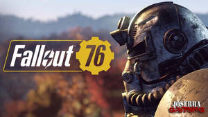 秋日森林中嘅《Fallout 76》動力裝甲頭盔同遊戲標誌