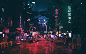霓虹招牌在雨夜的賽博龐克城市濕漉漉的街道上閃耀。 — 復古浪潮 壁紙