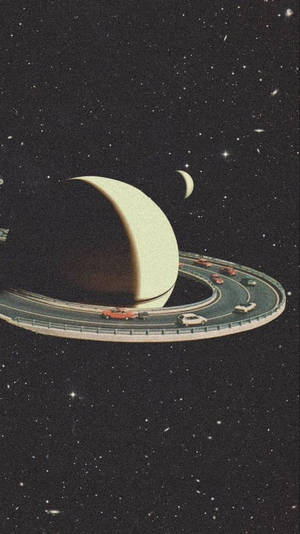 汽車在星光熠熠的宇宙中，在一條環繞帶有光環的行星的高速公路上行駛。