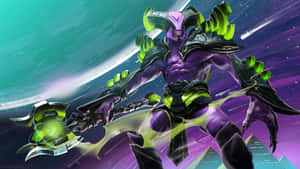 紫色盔甲惡魔在太空中揮舞發光能量武器