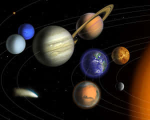 太陽系行星在太空中運行，伴有星星和一顆彗星。