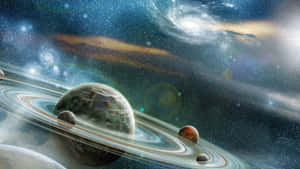 一顆擁有綠色大陸的環狀行星漂浮在色彩繽紛的宇宙星雲中。