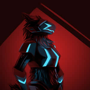 Cyberpunk 狐狸身穿發光藍色盔甲，背景為紅色幾何圖案。