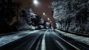 夜晚的積雪道路，有結霜的樹木和街燈投射光線。 — 道路 壁紙