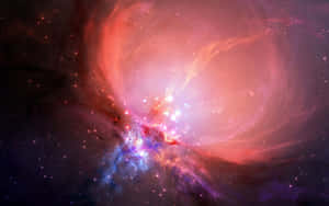 充滿活力的宇宙星雲，帶有旋轉的紅色和藍色氣體以及散落的星星。