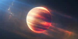 一顆發光的紅色和橙色氣體巨星行星，被宇宙星雲和星光包圍。