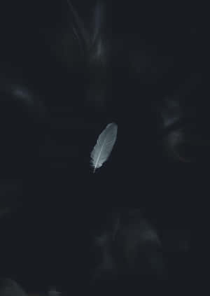 一根發光的白色羽毛懸浮在黑暗旋轉的煙霧中。