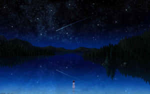 一個女孩站在流星劃過的夜空下，身處星光點點的湖中。