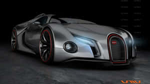 銀色 Bugatti 超級跑車，紅色飾邊和發光頭燈，在黑暗的攝影棚中。 — 汽車 壁紙